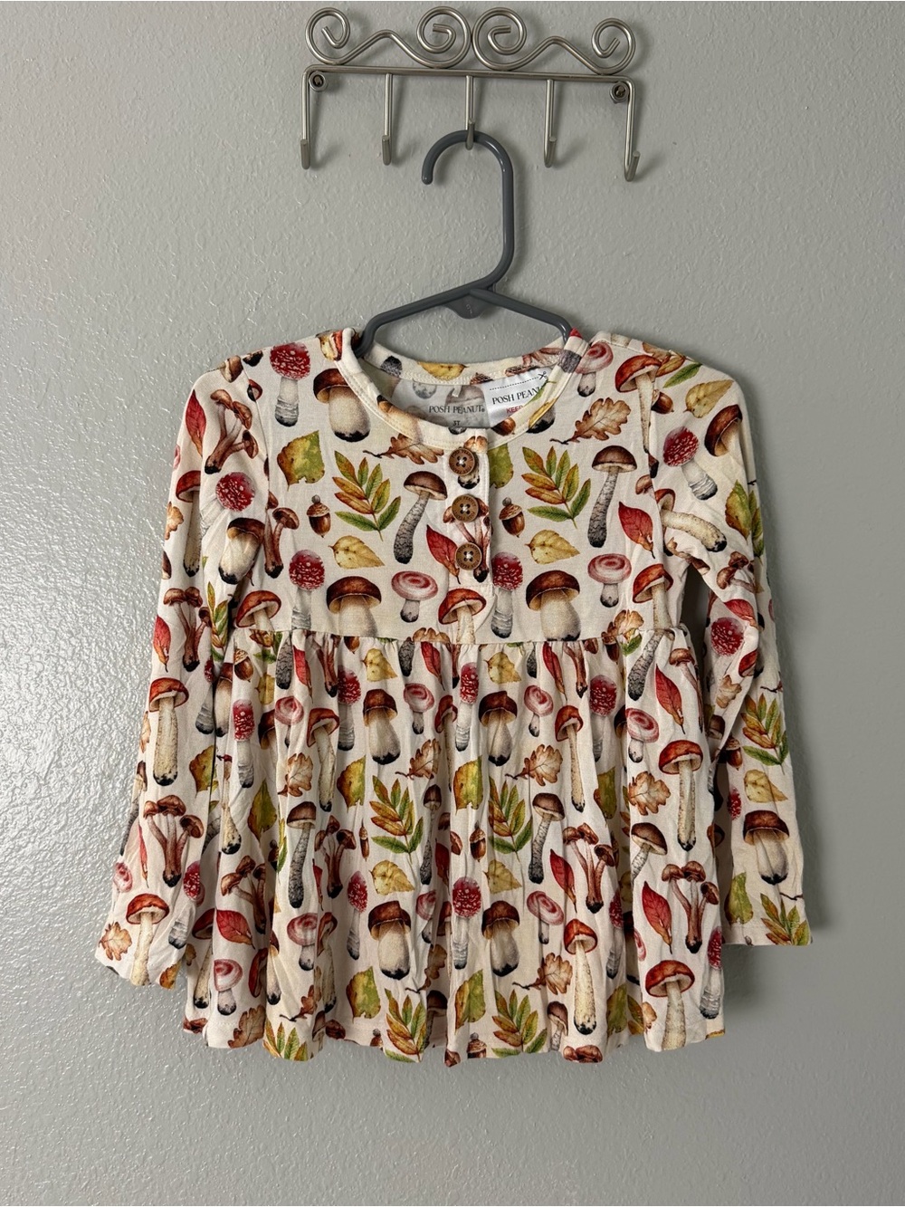 Posh Peanut Alba Mushroom Print Bamboo Top Cream Long Sleeve Girls 3T